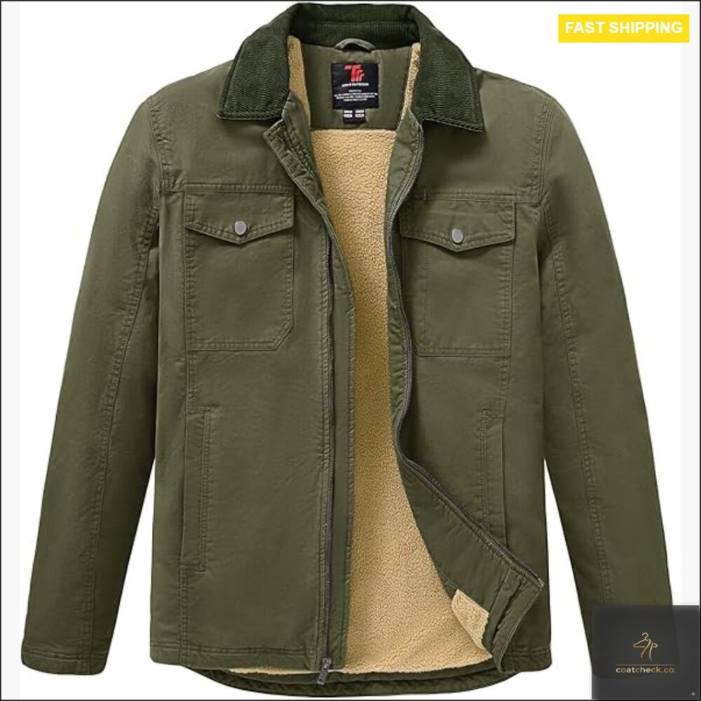 Sherpa Lined Detroit Trucker Jacket Heavyweight Workwear Full Zip 5 Pockets